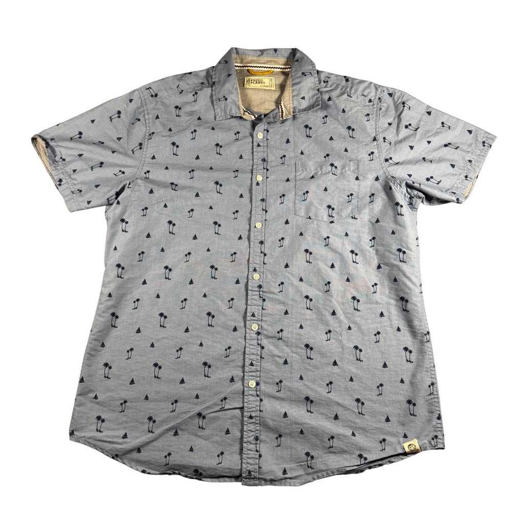 Free Planet Button Down Shirt Mens XL Blue Excellent Palm Tree Sailboat Print